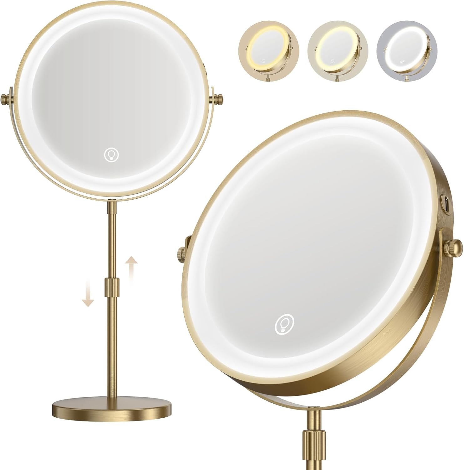 Lighted Makeup Mirror, 5000 mAh Rechargeable Double Sided Magnifying Vanity Mirror with 3 Colors, 1x/20x, 360° Rotation , Brightness Adjustable lighted mirror with magnification, Antique Bronze