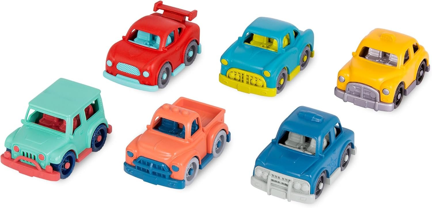 Battat – Wonder Wheels – Set of 6 Mini Toy Cars for Kids – Race Car, Truck, Taxi, Police, Retro, 4×4 – Pretend Play – Recyclable Materials – Mini Riders – 1 Year +