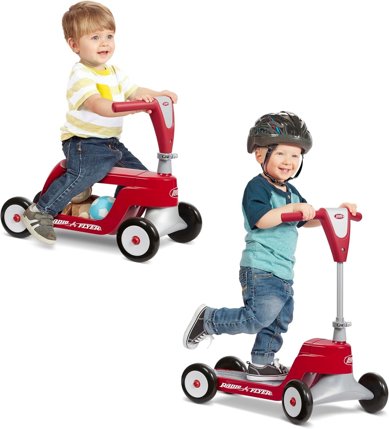 Radio Flyer Scoot 2 Ride-On Grows with Your Child, converting from a Seated Toddler Glider to a Standing Scooter for Ages 1–4, Four-Wheel Design, Classic red, Indoor and Outdoor Fun