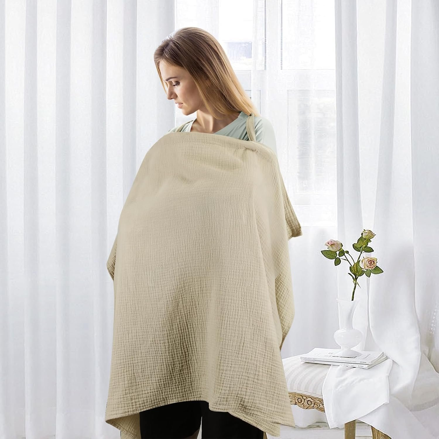 PandaEar Nursing Cover for Baby Breastfeeding, Breathable Muslin Nursing Poncho, Neck Insert with Rigid Hoop for Mom, Multi-use Privacy Nursing Apron Carseat Cover