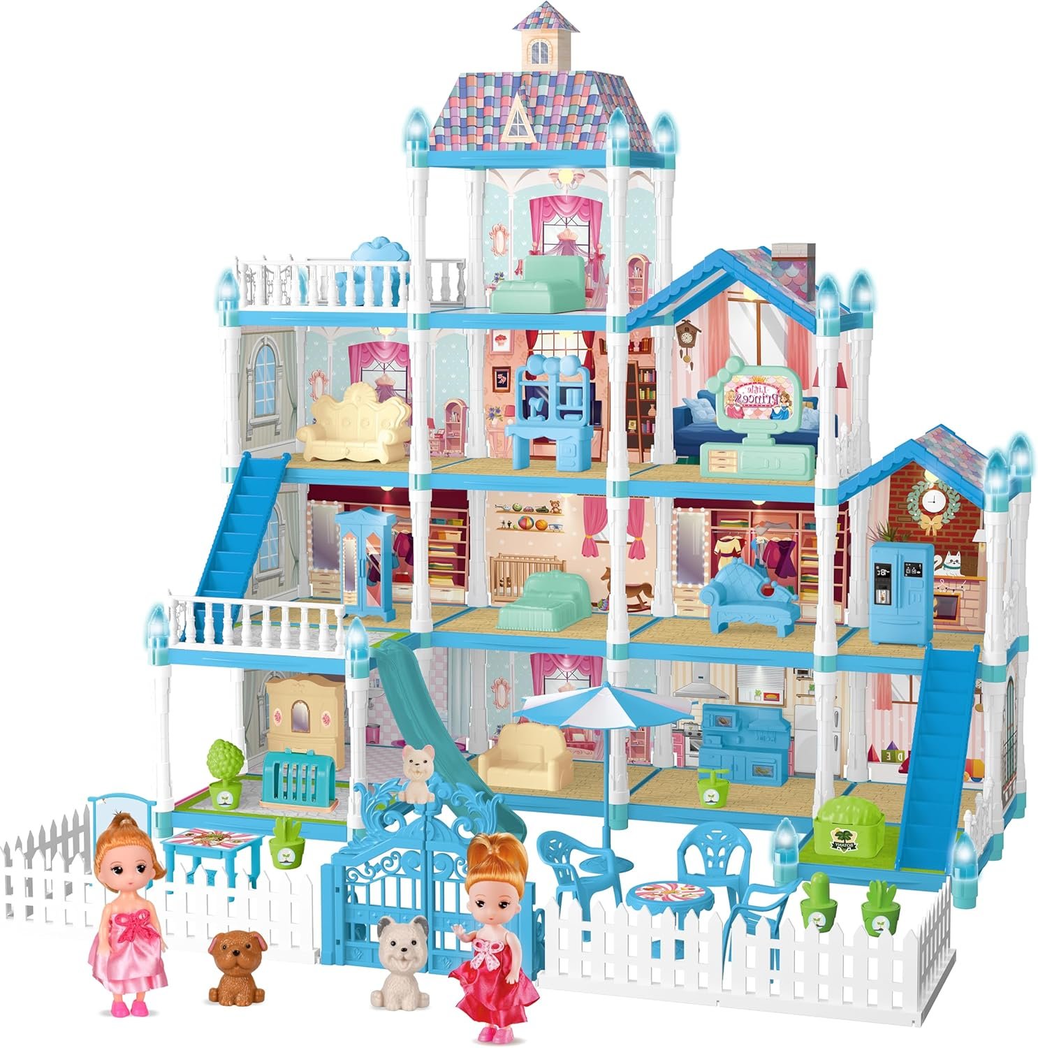 Doll House Playset for Kids Girls, 4 Story, 13 Rooms, 2 Dolls & 2 Puppies, Furniture & Accessories for 5,6,7,8 Year Old Girls (Blue)