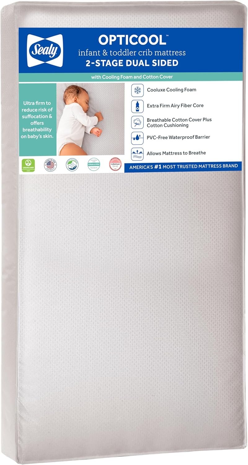 Sealy Baby OptiCool Breathable Crib Mattress, GREENGUARD GOLD Certified, Made in USA, Toddler Bed Fit, 2 Stage Cooling Memory Foam, Non Toxic, Airy Cotton Cover, Safety & Quality Tested, 52×28″