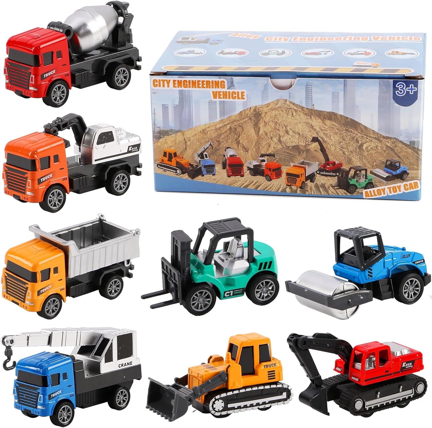8-in-1 Mini Die Cast Alloy Construction Vehicle Set, Pull Back Toy Cars for 3 4 5 Year Old Boys Girls, Outdoor Boys Girls Toys, Ideal Gift for Birthday Party Favors & Christmas Stocking Stuffers​