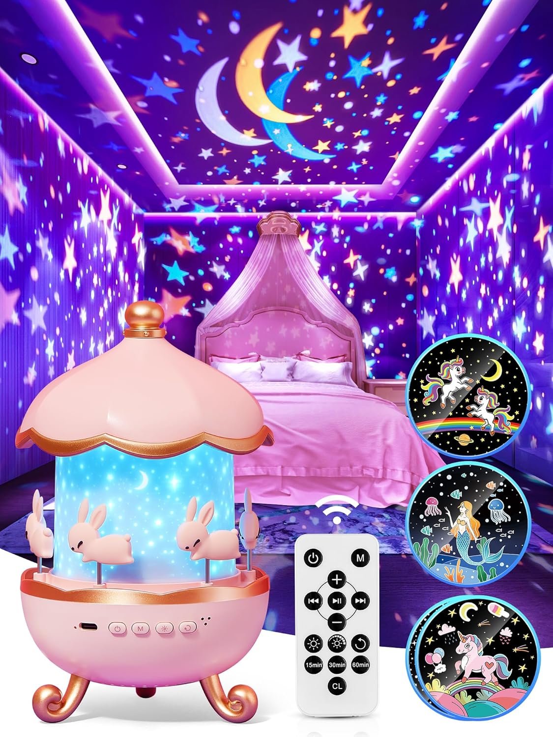 Carousel Night Light for Kids, 15 Music+15 Films+315 Colors Star Projector for Kids Night Light Projector,360°+Remote+1200mah Star Lights for Ceiling,Unicorn Toys for Girls Room Decor Christmas Gifts