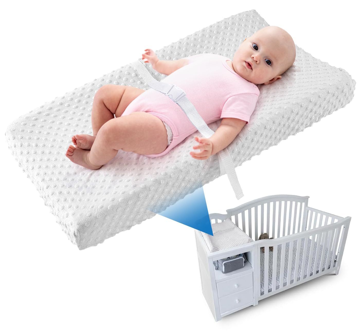 LOONAH Compact Small Changing Pad with Cover – 27″ X 16″ Contoured Baby Diaper Changing Pad for Combo Crib with Changing Table-Waterproof & Hypoallergenic, Safety Strap with Quick-Release Buckle-Grey