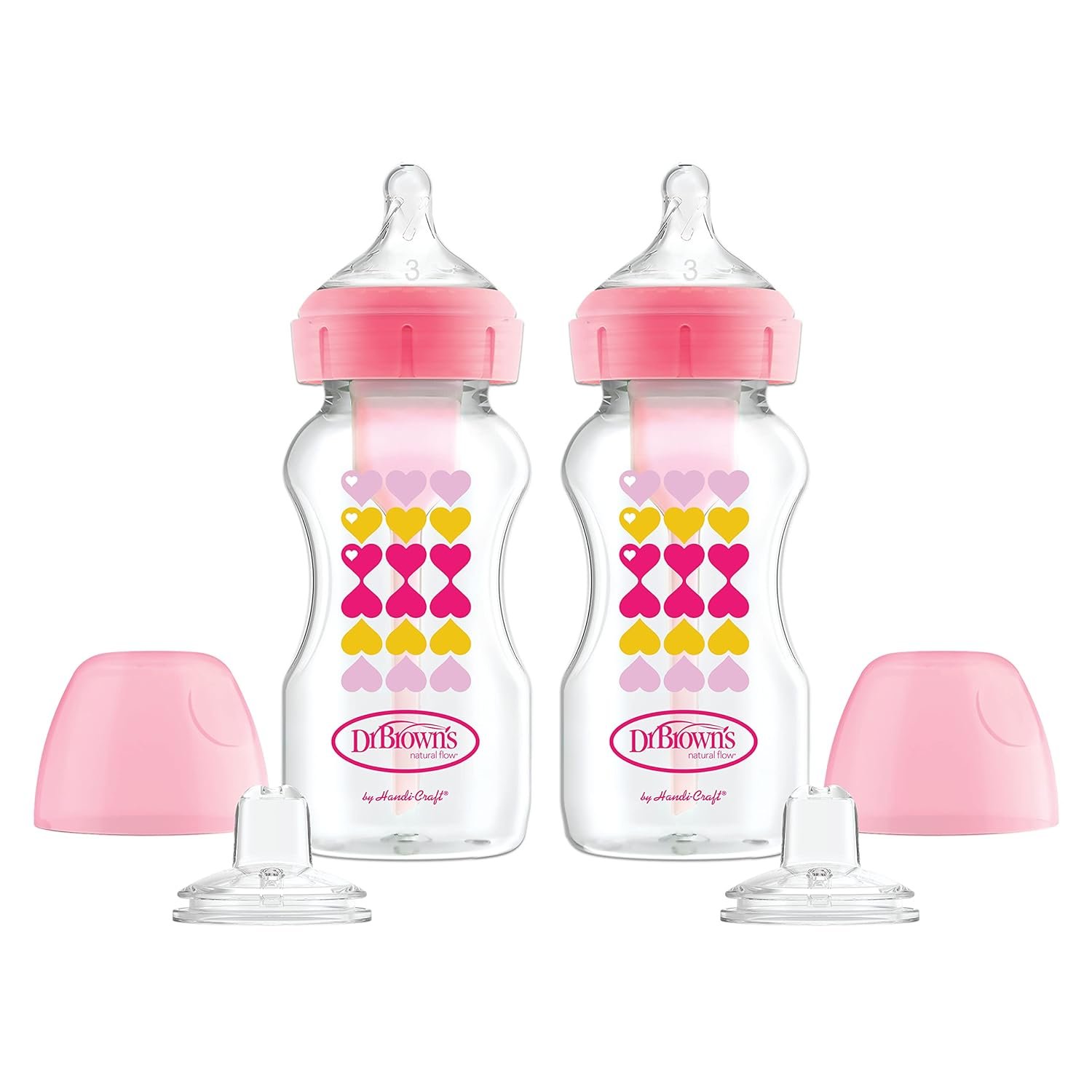 Dr. Brown’s Anti-Colic Options+ Wide-Neck Sippy Bottle Starter Kit, 9oz/270mL, with Level 3 Medium-Fast Flow Nipple and Soft 100% Silicone Sippy Spout, Pink, BPA Free, 6m+, 2 Pack