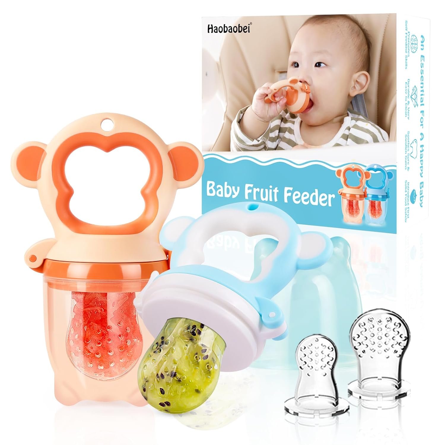 Baby Fresh Fruit Feeder Pacifier, 2 Pack HAOBAOBEI Baby Teether for Chewing, Freezable Infant Teething Toy, Teething Relief, Food Feeder with 4 Silicone Pouch, BPA Free – Monkey (Orange & Blue)