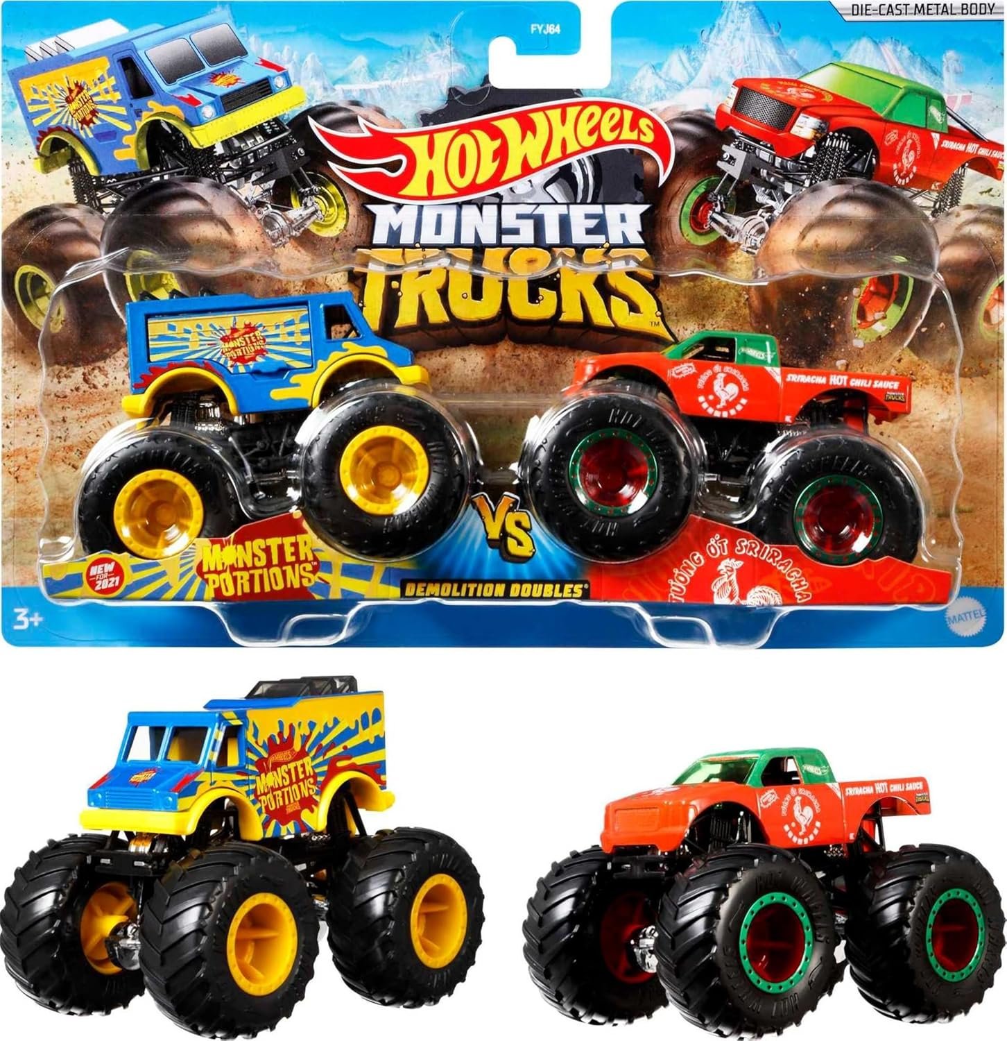 Hot Wheels Monster Trucks 2-Pack, Demolition Doubles Set of 2 Toy Vehicles in 1:64 Scale, for Kids & Collectors (Styles May Vary)