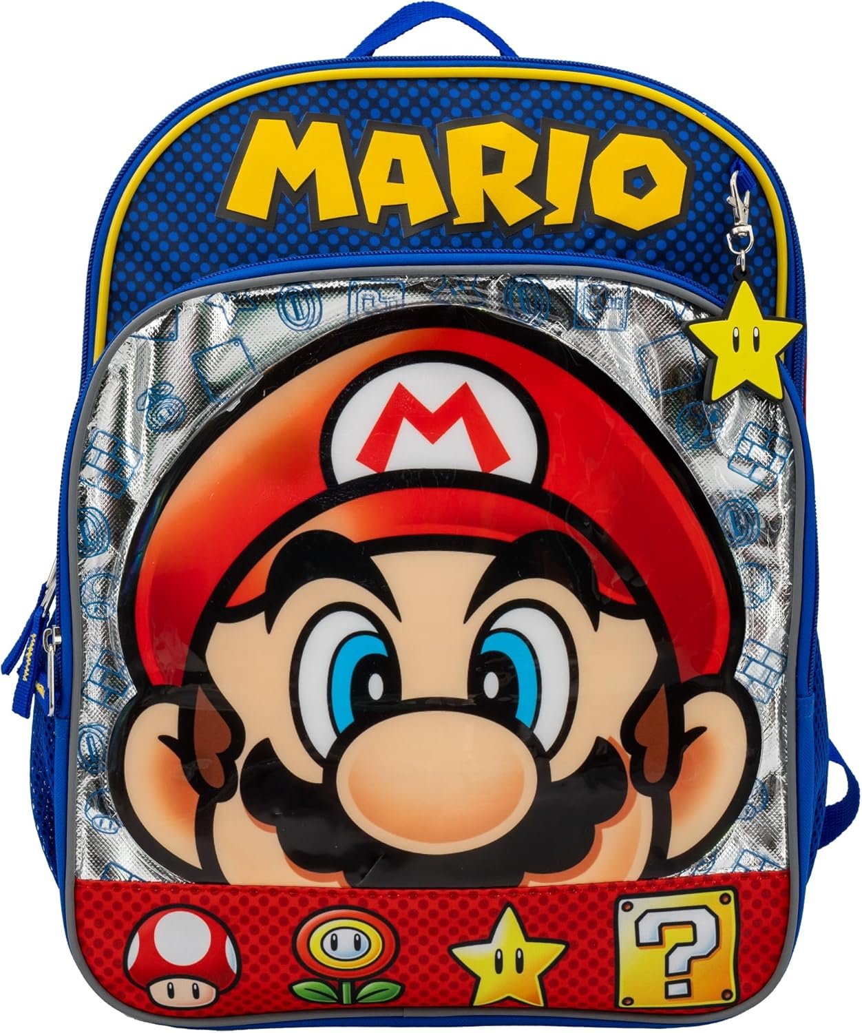 AI ACCESSORY INNOVATIONS Super Mario Brothers Backpack, 16” Nintendo School Bag Featuring a Big Face Mario, Blue & Red